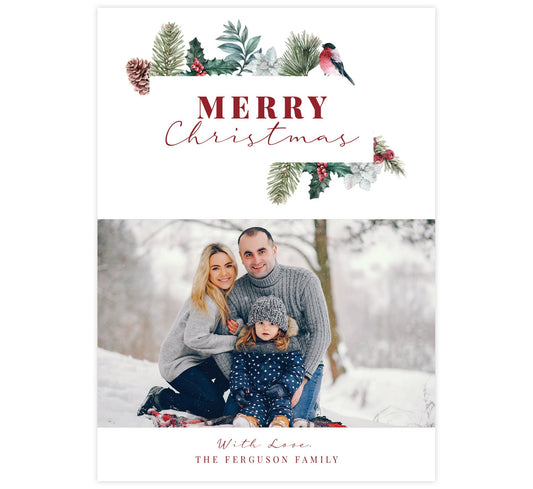 Christmas Pine Holiday Card; Simple white background with watercolor pine elements around "Merry Christmas" and one image spot.