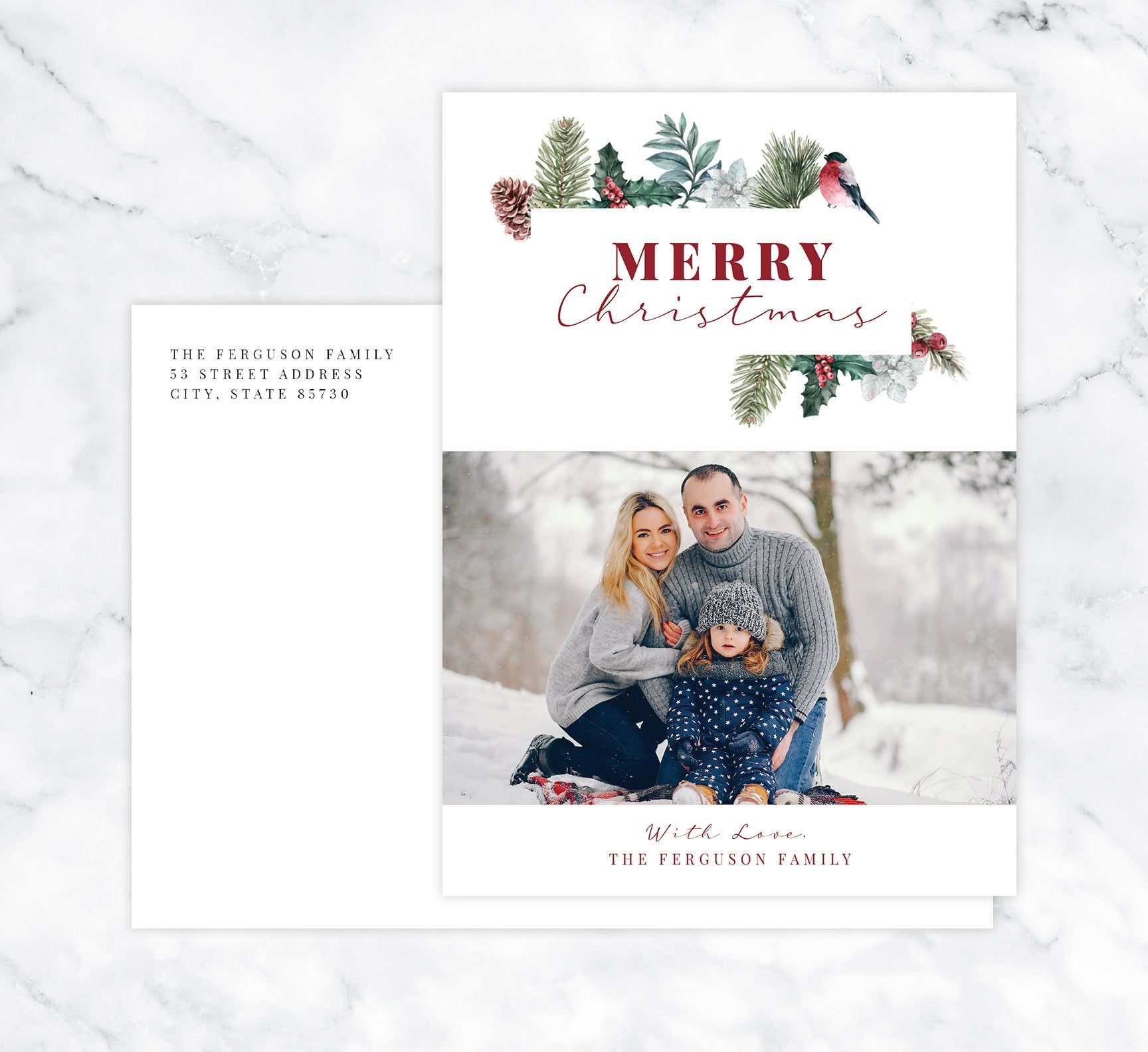 Christmas Pine Holiday Card Mockup; Holiday card with envelope and return address printed on it. 