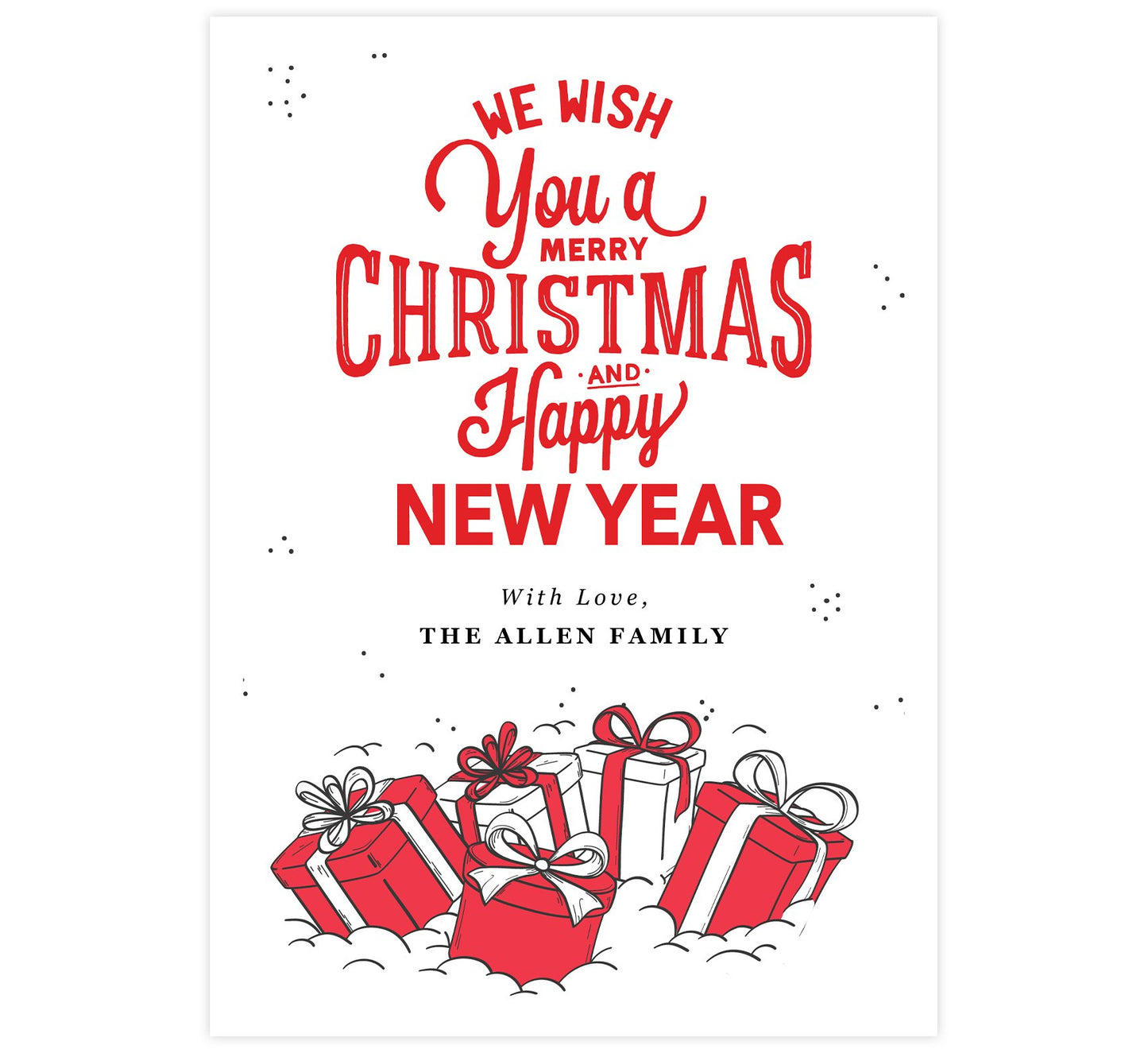 Christmas Presents Holiday Card; Featuring typography for the holiday wishes and drawn presents at the bottom.