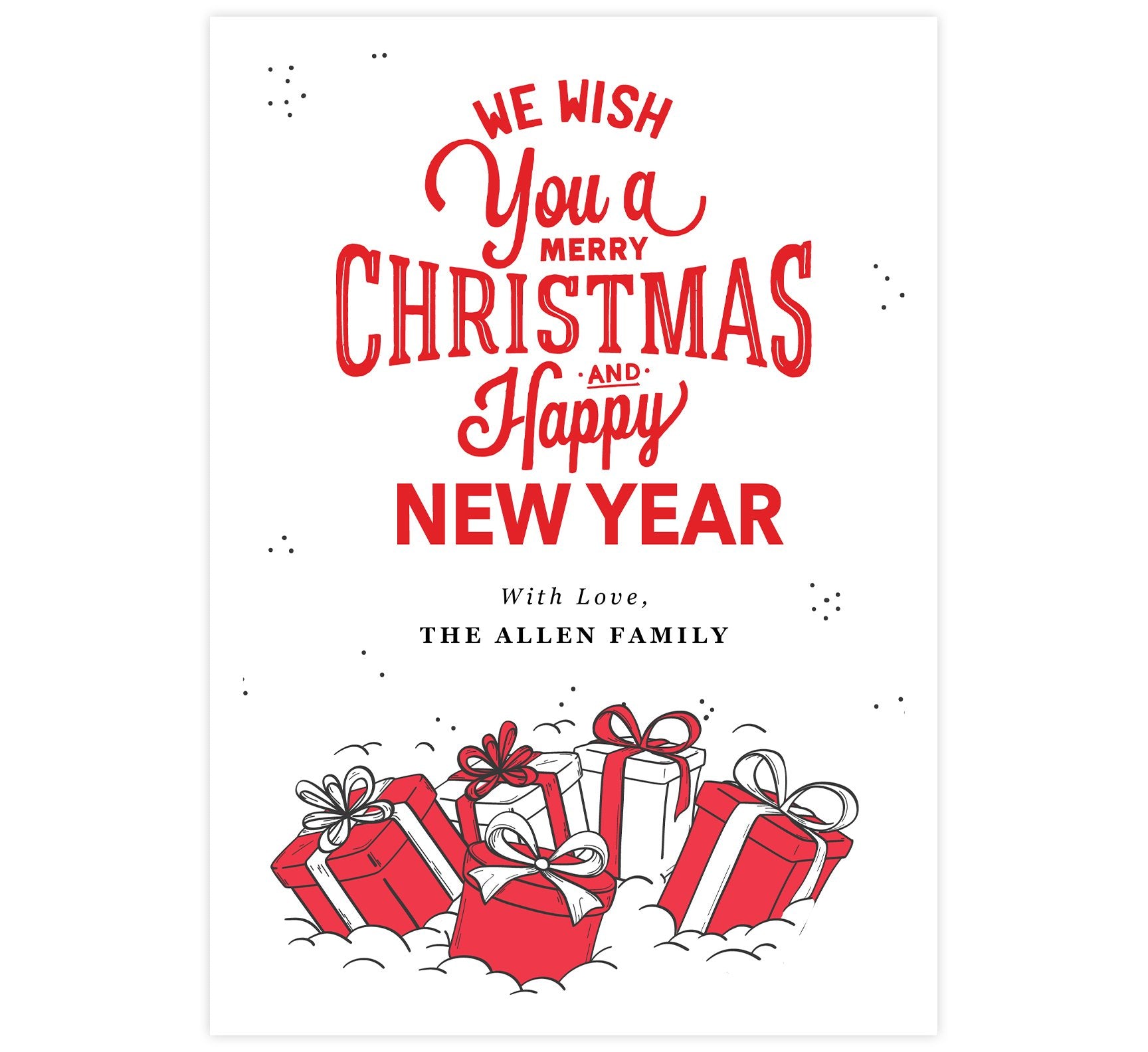 Christmas Presents Holiday Card; Featuring typography for the holiday wishes and drawn presents at the bottom.