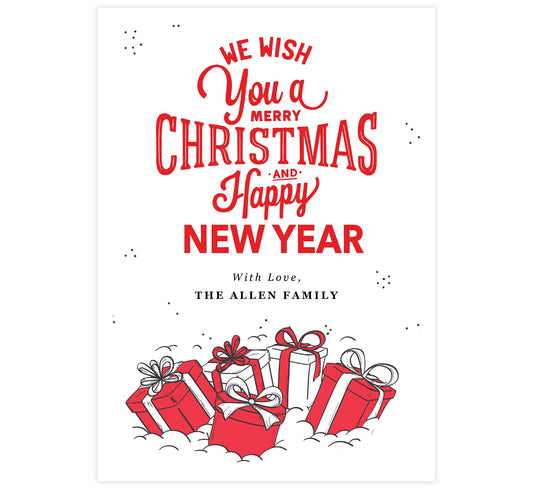 Christmas Presents Holiday Card; Featuring typography for the holiday wishes and drawn presents at the bottom.
