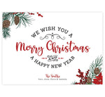 Load image into Gallery viewer, Christmas Typography Holiday Card; White background with gray and red text and greenery, pinecones and berry illustration in the corners
