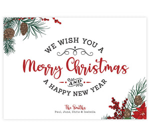 Christmas Typography Holiday Card; White background with gray and red text and greenery, pinecones and berry illustration in the corners