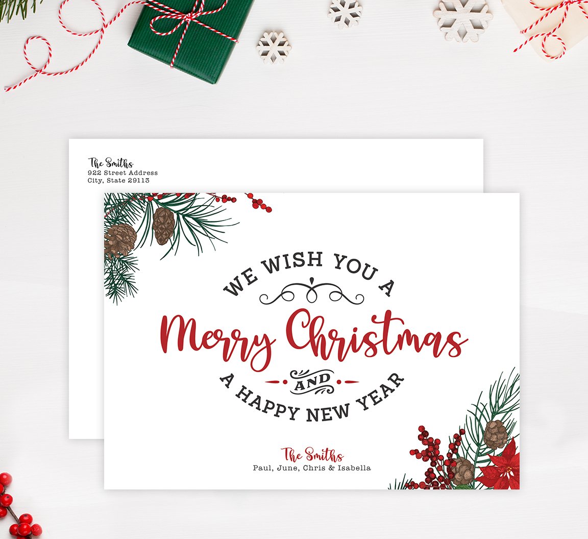 Christmas Typography Holiday Card; Holiday card with envelope and return address printed on it. 