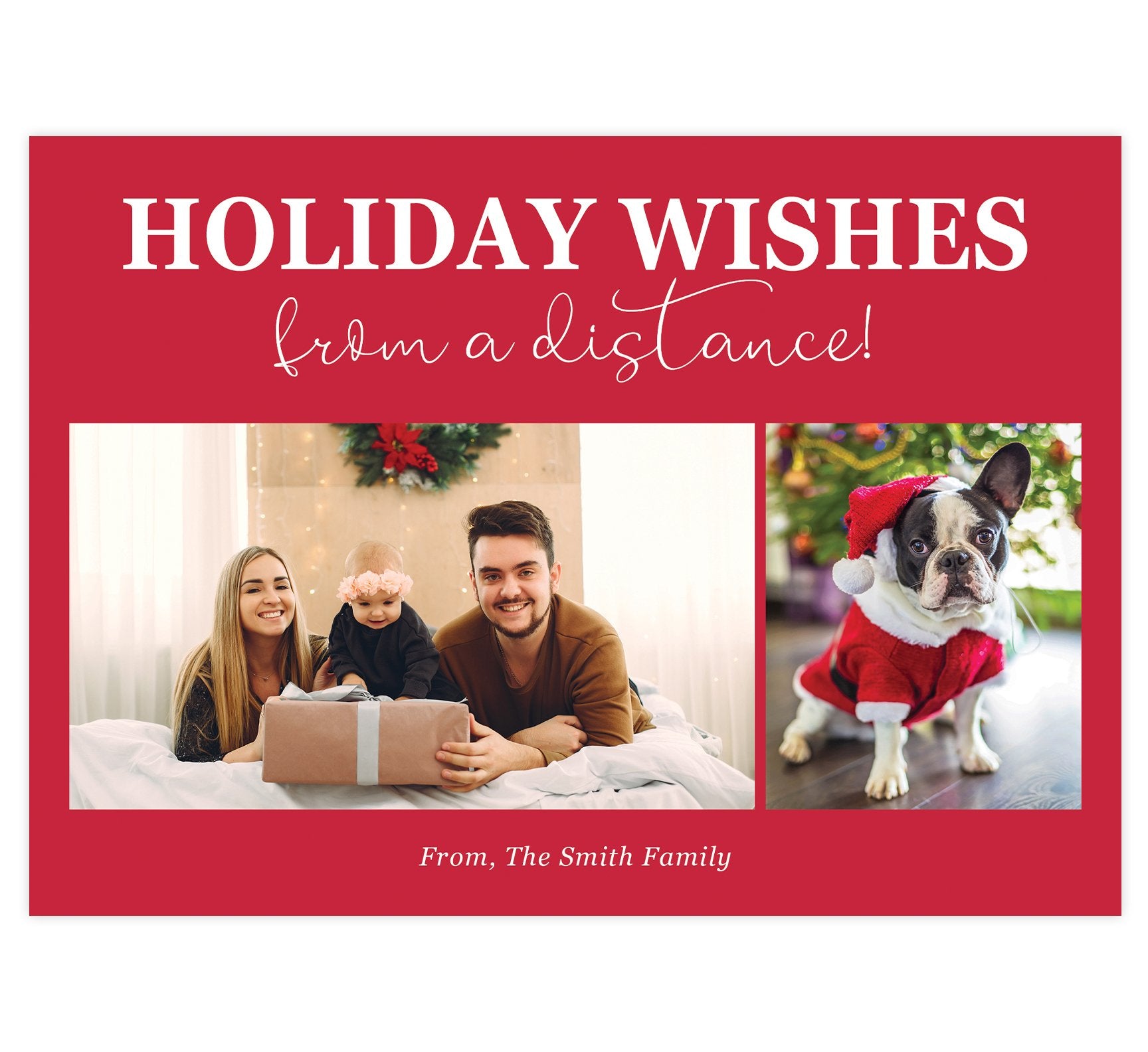 Distance Wishes Holiday Card; Red background with 2 image spots. "Holiday wishes from a distance" at the top.