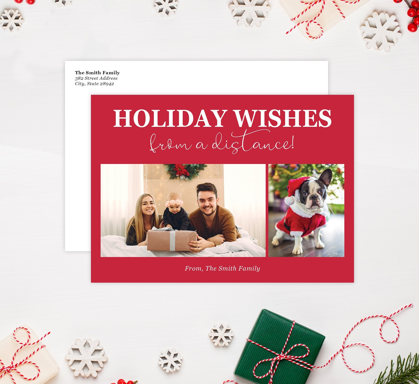 Distance Wishes Holiday Card Mockup; Holiday card with envelope and return address printed on it. 