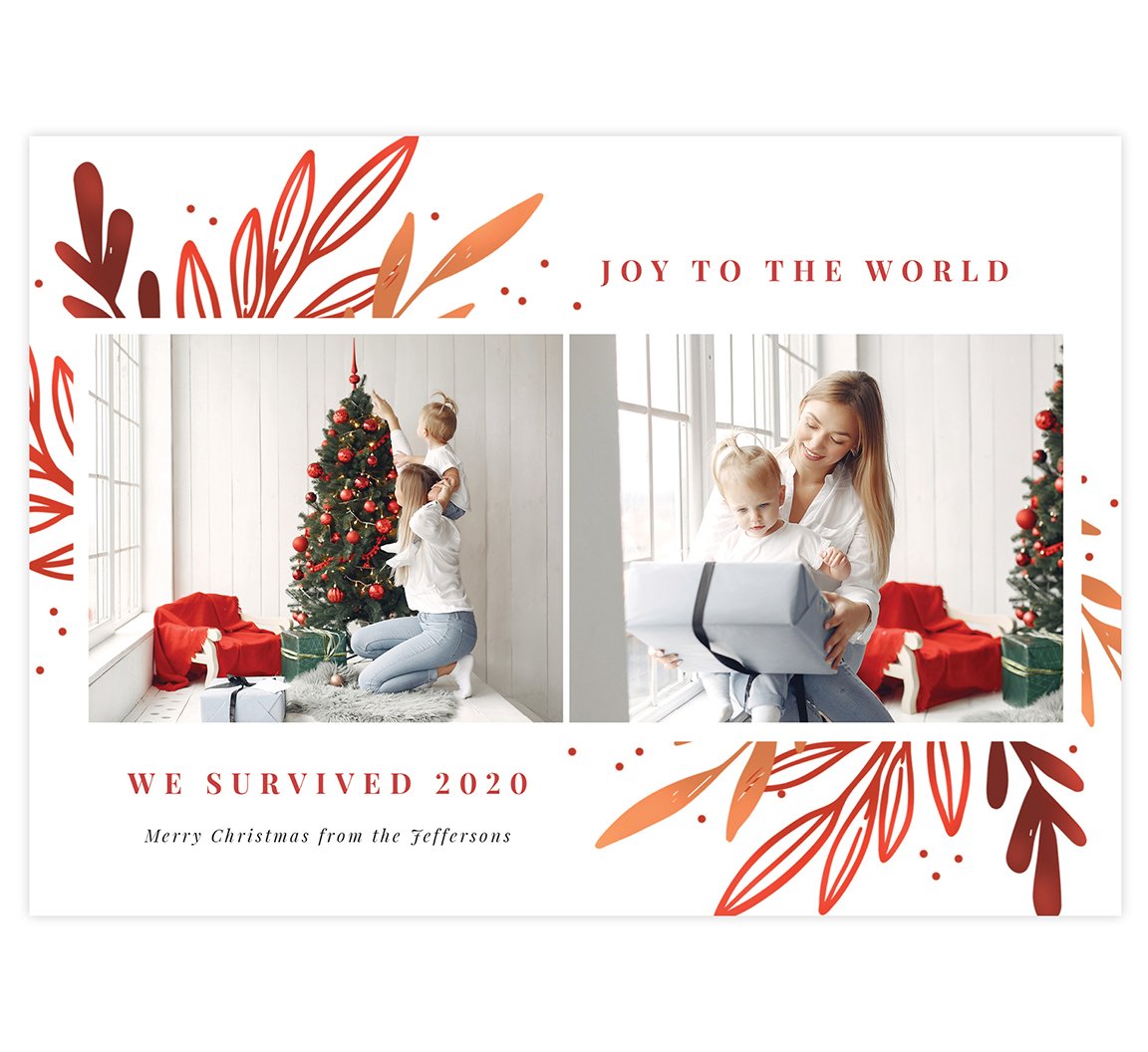 Drawn Orange Holiday Card; 3 image spots with hand drawn orange leaves design