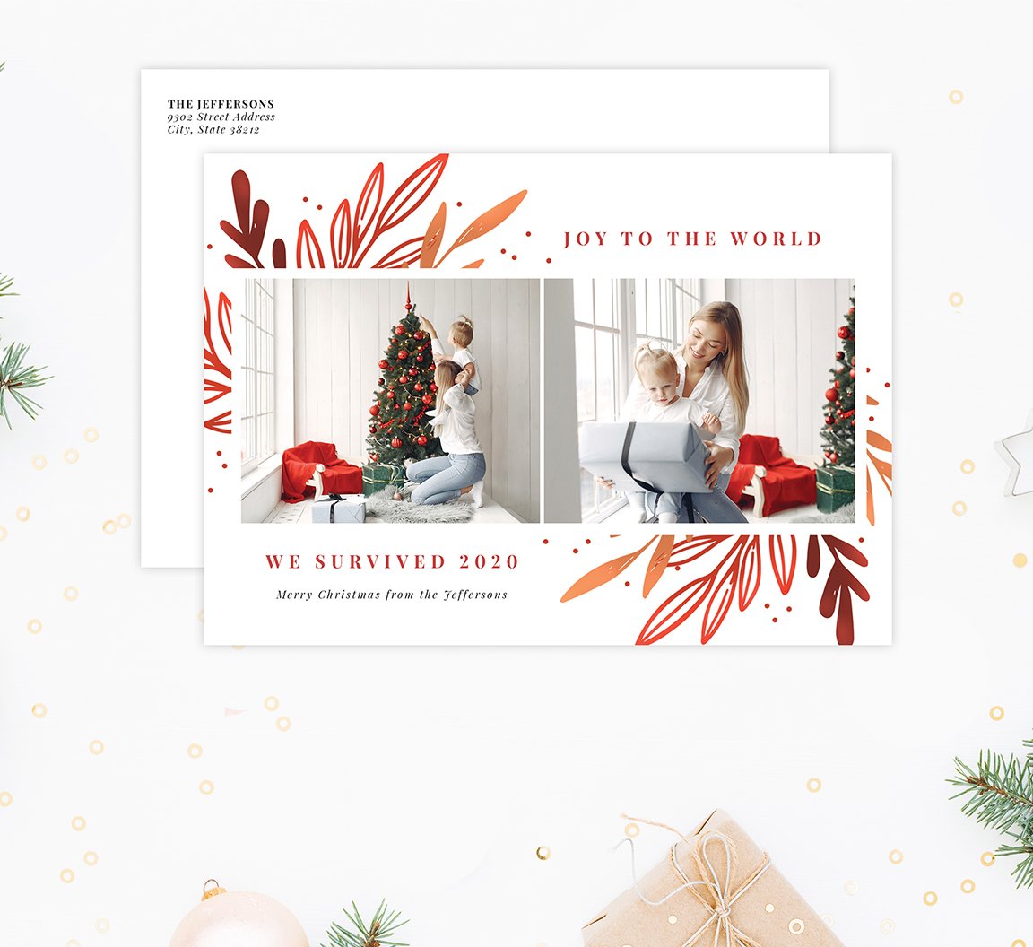 Drawn Orange Holiday Card Mockup; Holiday card with envelope and return address printed on it. 