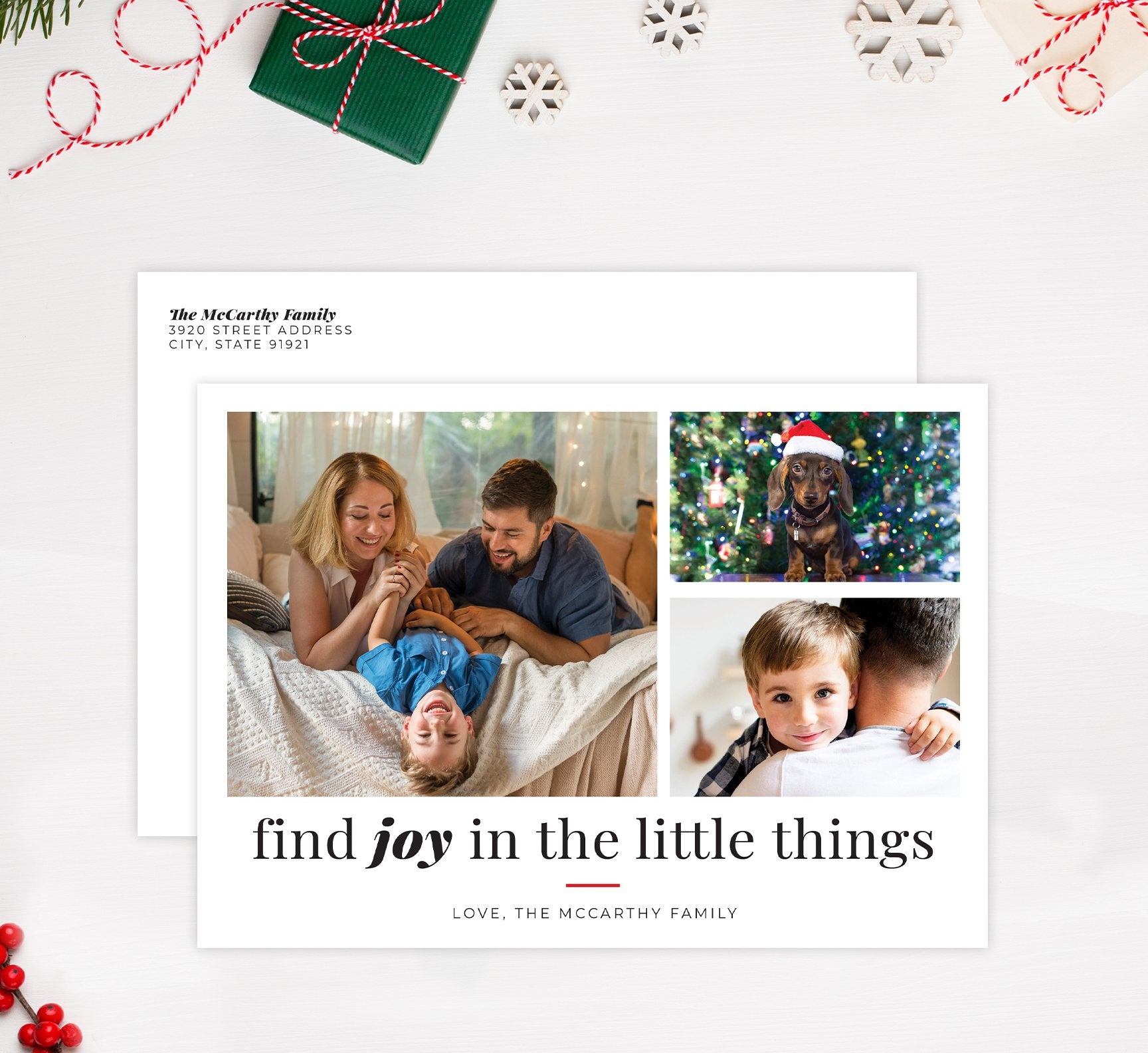 Find Joy Holiday Card Mockup; Holiday card with envelope and return address printed on it. 