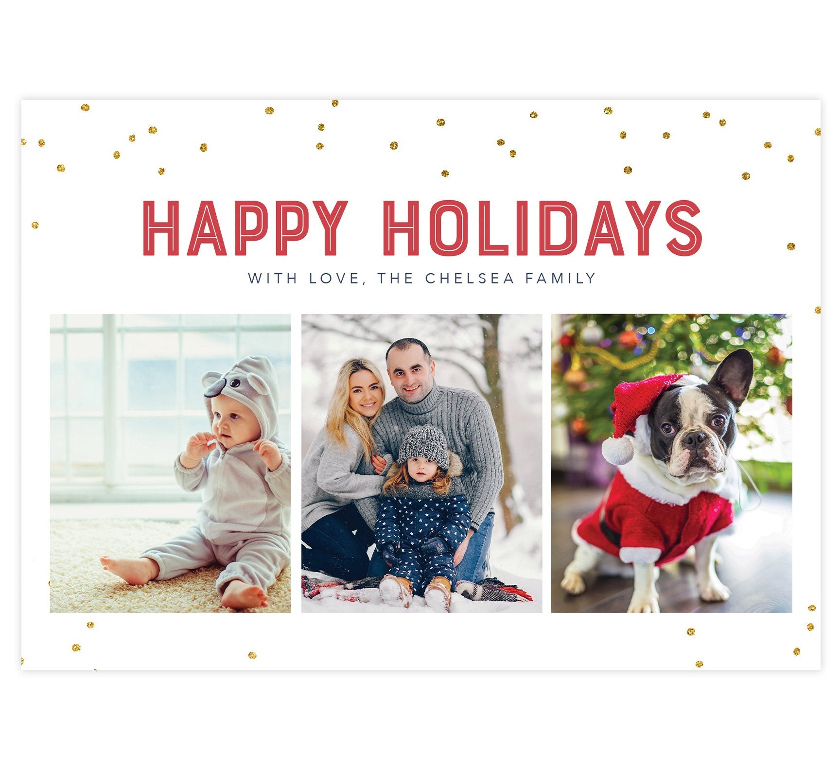 Glitter Dots Holiday Card; White background with glitter dots around the edges, red "Happy Holidays" above 3 image spots.