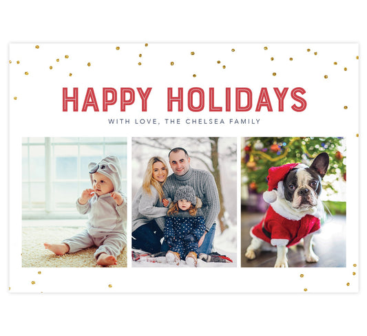 Glitter Dots Holiday Card; White background with glitter dots around the edges, red "Happy Holidays" above 3 image spots.