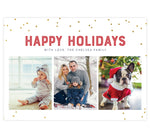 Load image into Gallery viewer, Glitter Dots Holiday Card; White background with glitter dots around the edges, red &quot;Happy Holidays&quot; above 3 image spots.
