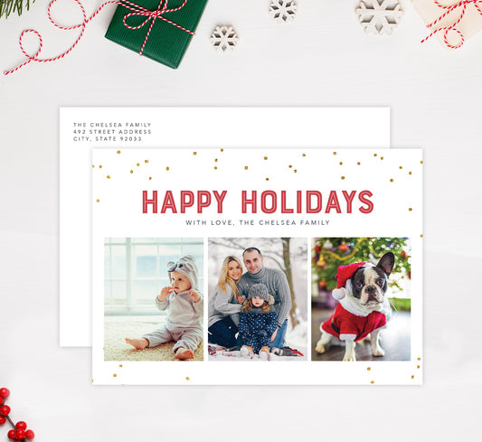 Glitter Dots Holiday Card Mockup; Holiday card with envelope and return address printed on it. 