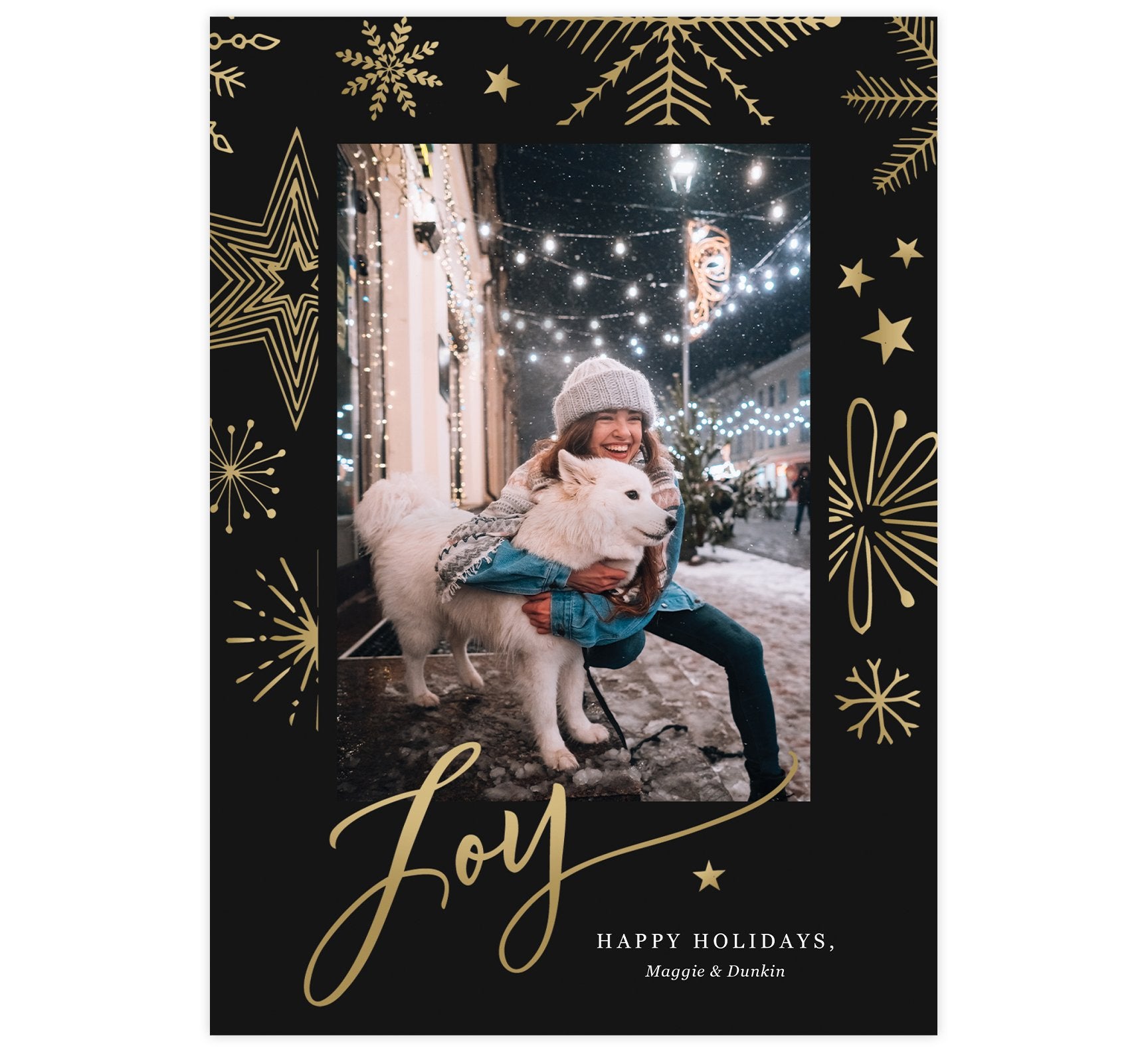Gold Joy Holiday Card; Dark black background with gold snowflakes and one image spot in the middle. Large, gold "Joy" is at the bottom overlapping the bottom of the image.
