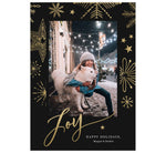 Load image into Gallery viewer, Gold Joy Holiday Card; Dark black background with gold snowflakes and one image spot in the middle. Large, gold &quot;Joy&quot; is at the bottom overlapping the bottom of the image.
