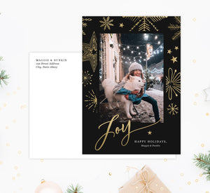 Gold Joy Holiday Card Mockup; Holiday card with envelope and return address printed on it. 
