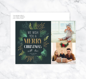 Gold and Greenery Holiday Card Mockup; Holiday card with envelope and return address printed on it. 