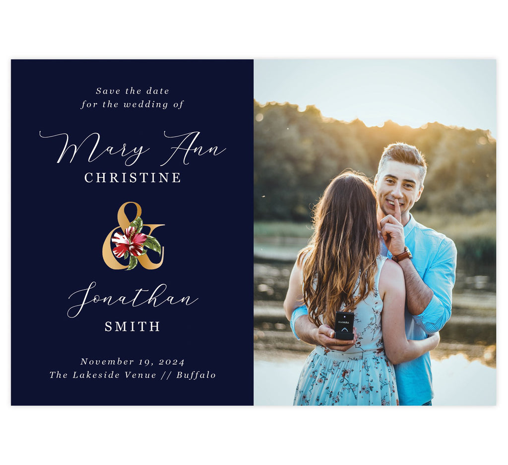 Graceful Navy Save the Date Card with 1 to 3 image spots