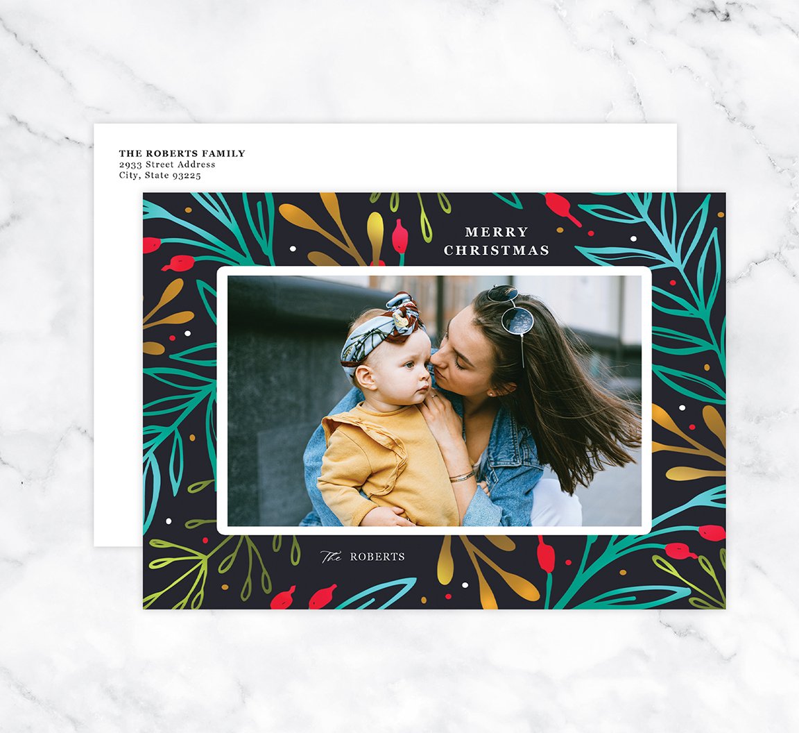 Greenery Pattern Holiday Card Mockup; Holiday card with envelope and return address printed on it. 