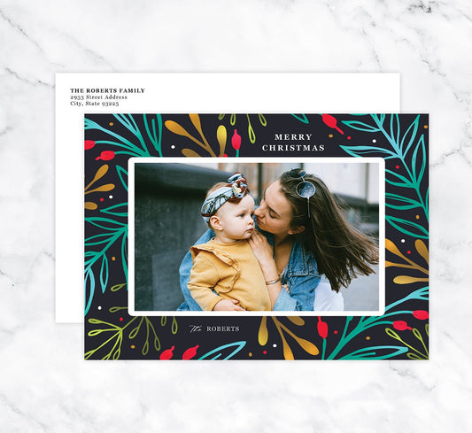 Greenery Pattern Holiday Card Mockup; Holiday card with envelope and return address printed on it. 