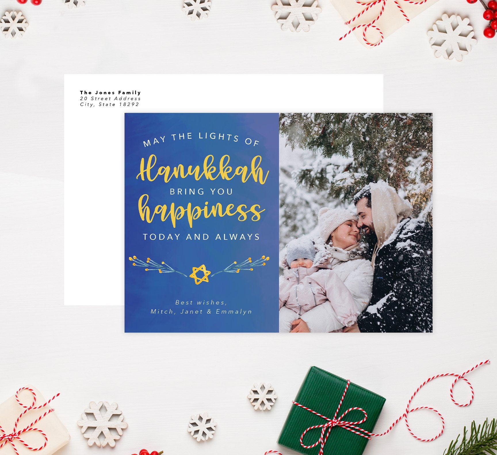 Hanukkah Happiness Holiday Card Mockup; Holiday card with envelope and return address printed on it. 