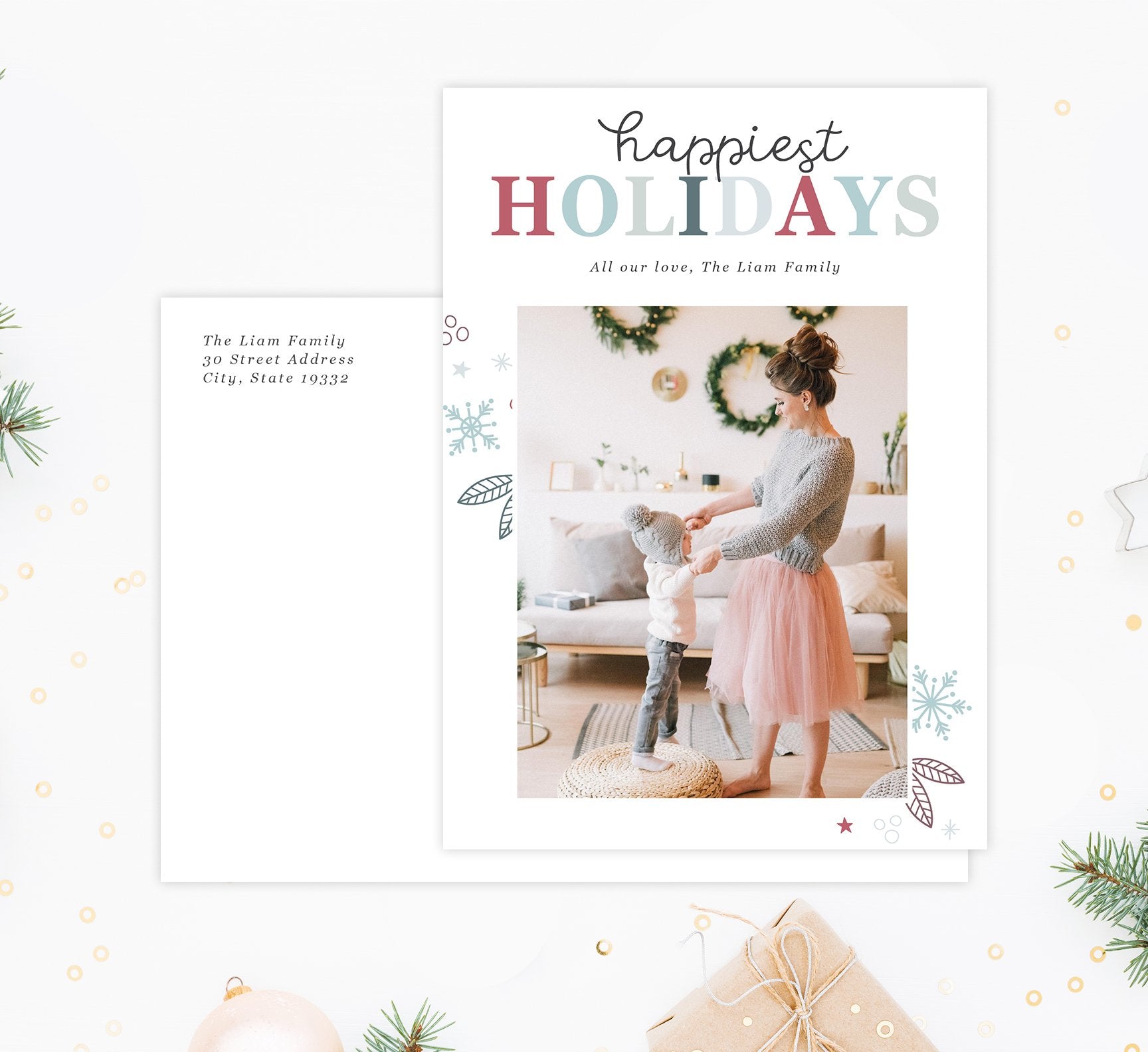 Happiest Holidays Holiday Card Mockup; Holiday card with envelope and return address printed on it. 