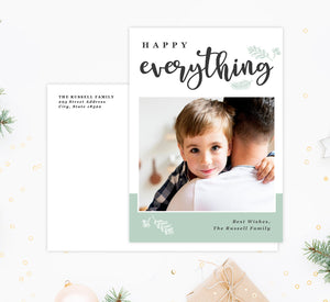 Happy Everything Holiday Card Mockup; Holiday card with envelope and return address printed on it. 