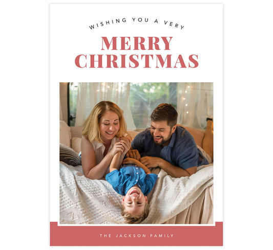 Happy Pink Holiday Card; White background with "Wishing you a very merry christmas" above one photo spot. Pink background at the bottom behind the names.
