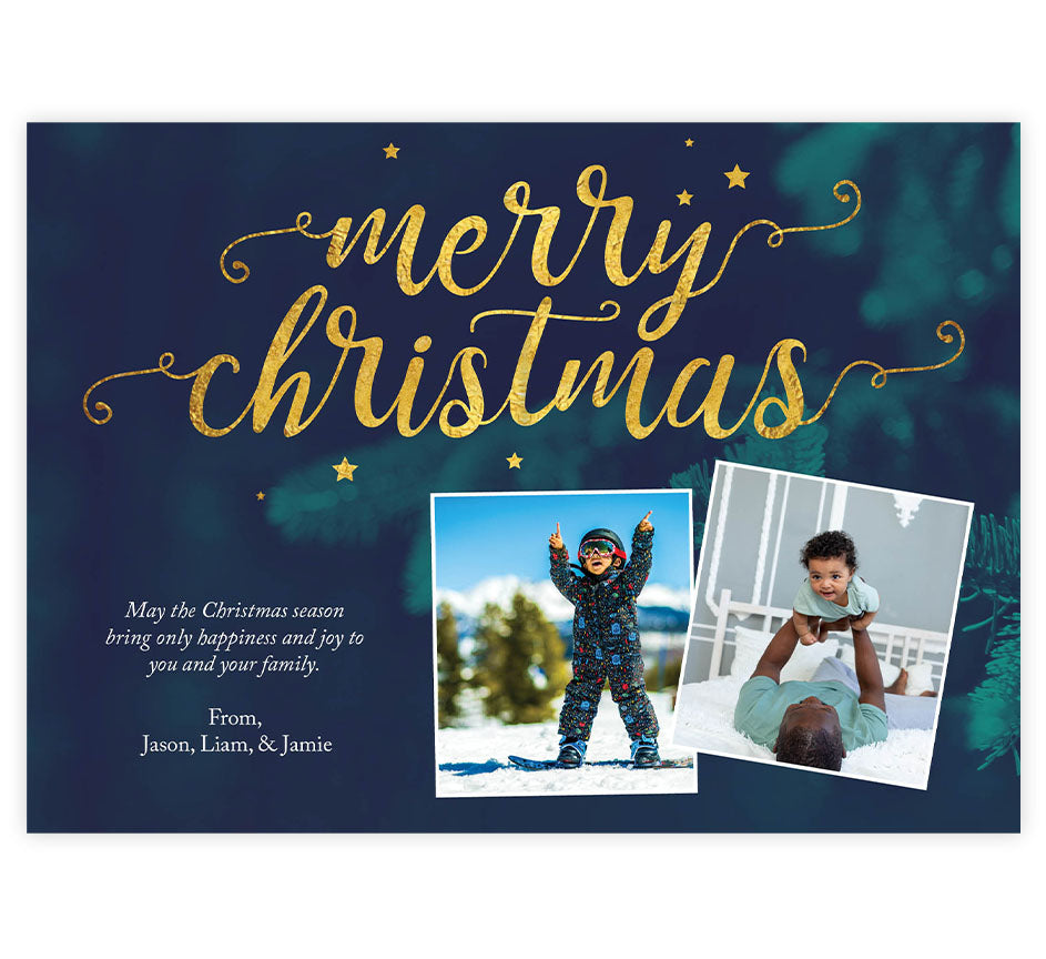 Oh Christmas Tree Holiday Card; Christmas tree background with "Merry Christmas" in faux foil and two image spots