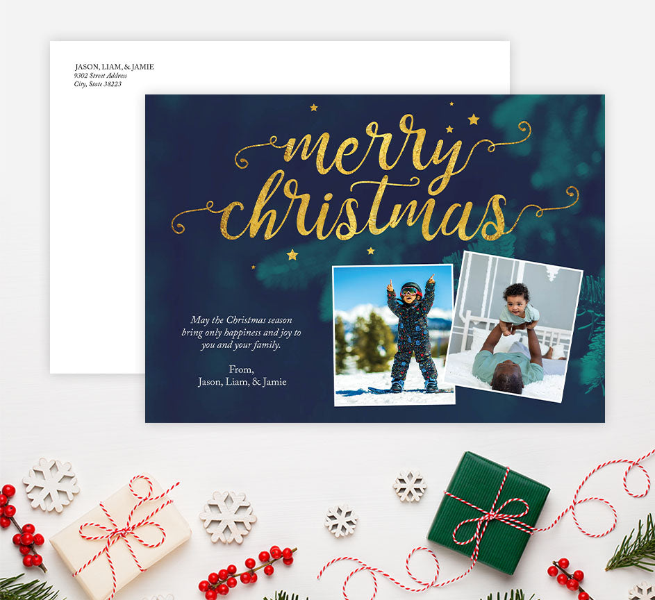 Oh Christmas Tree Holiday Card Mockup; Holiday card with envelope and return address printed on it. 