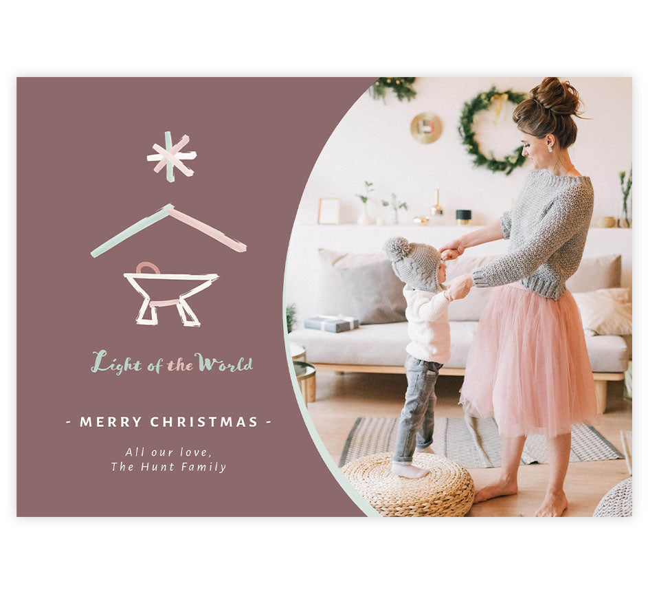 Light of the World Holiday Card; One big circle image spot on right side, light purple background with "light of the world" graphic