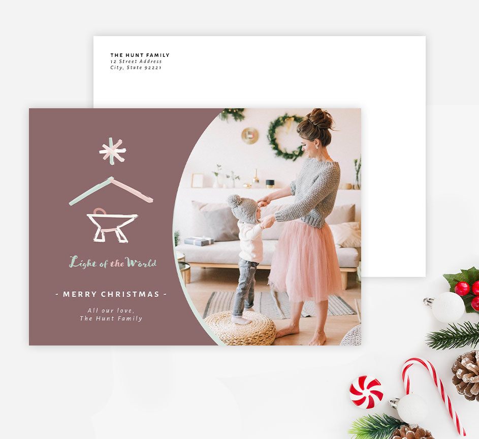 Light of the World Holiday Card Mockup; Holiday card with envelope and return address printed on it. 