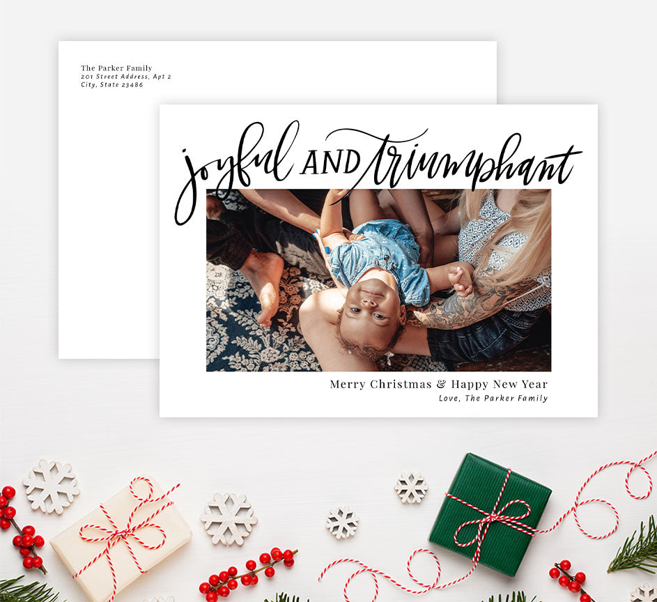 Joyful Holiday Card Mockup; Holiday card with envelope and return address printed on it. 