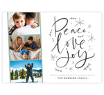 Load image into Gallery viewer, Elegant Peace Holiday Card; Large script of &quot;peace, love and joy&quot; on the right side with three medium sized photo spots on the left side 
