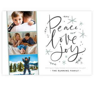 Elegant Peace Holiday Card; Large script of "peace, love and joy" on the right side with three medium sized photo spots on the left side 
