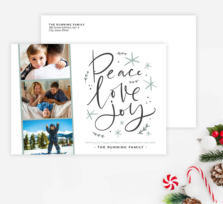 Elegant Peace Card Mockup; Holiday card with envelope and return address printed on it. 