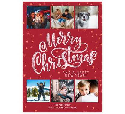 Hand Drawn Christmas Holiday Card; Red background with gold hand drawn stars on the background with a caligraphy brush strokes saying "Merry Christmas" and 6 photo spots, 3 on top and 3 on bottom