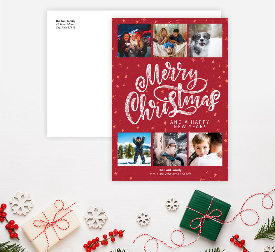 Hand Drawn Christmas Card Mockup; Holiday card with envelope and return address printed on it. 