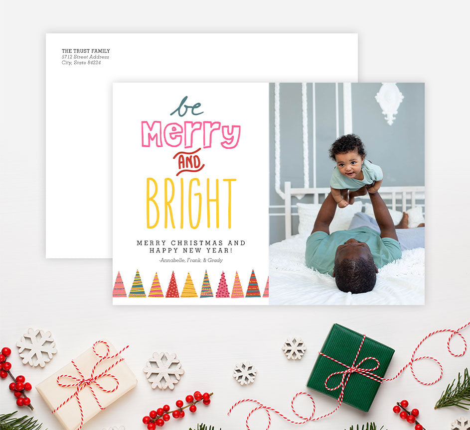 Bright Christmas Holiday Card Mockup; Holiday card with envelope and return address printed on it. 