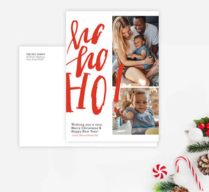 Ho Ho Ho Holiday CardMockup; Holiday card with envelope and return address printed on it. 