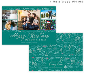 Christmas Greens Holiday Card Back and Front; Front holiday card on the right side with the same pattern covering the back of the card.