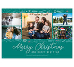 Load image into Gallery viewer, Christmas Greens Holiday Card; Green background with 5 photo spots at the top, handdrawn blue and white christmas icons behind the photos. Script &quot;Merry Christmas&quot; at the bottom under photos.
