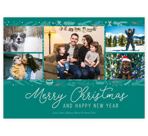 Christmas Greens Holiday Card; Green background with 5 photo spots at the top, handdrawn blue and white christmas icons behind the photos. Script "Merry Christmas" at the bottom under photos.