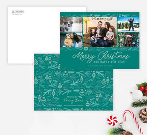 Christmas Greens Holiday Card Mockup; Holiday card with envelope and return address printed on it. 