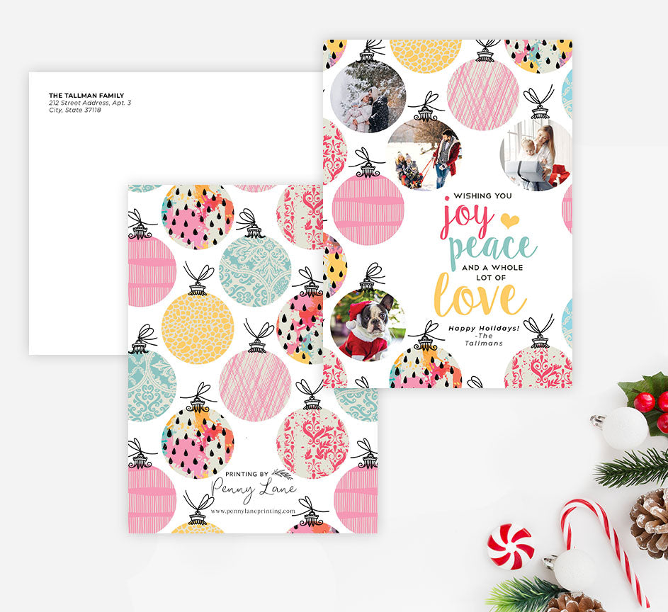 Artistic Ornaments Holiday Card Mockup; Holiday card with envelope and return address printed on it. 