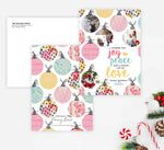 Load image into Gallery viewer, Artistic Ornaments Holiday Card Mockup; Holiday card with envelope and return address printed on it. 
