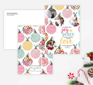 Artistic Ornaments Holiday Card Mockup; Holiday card with envelope and return address printed on it. 