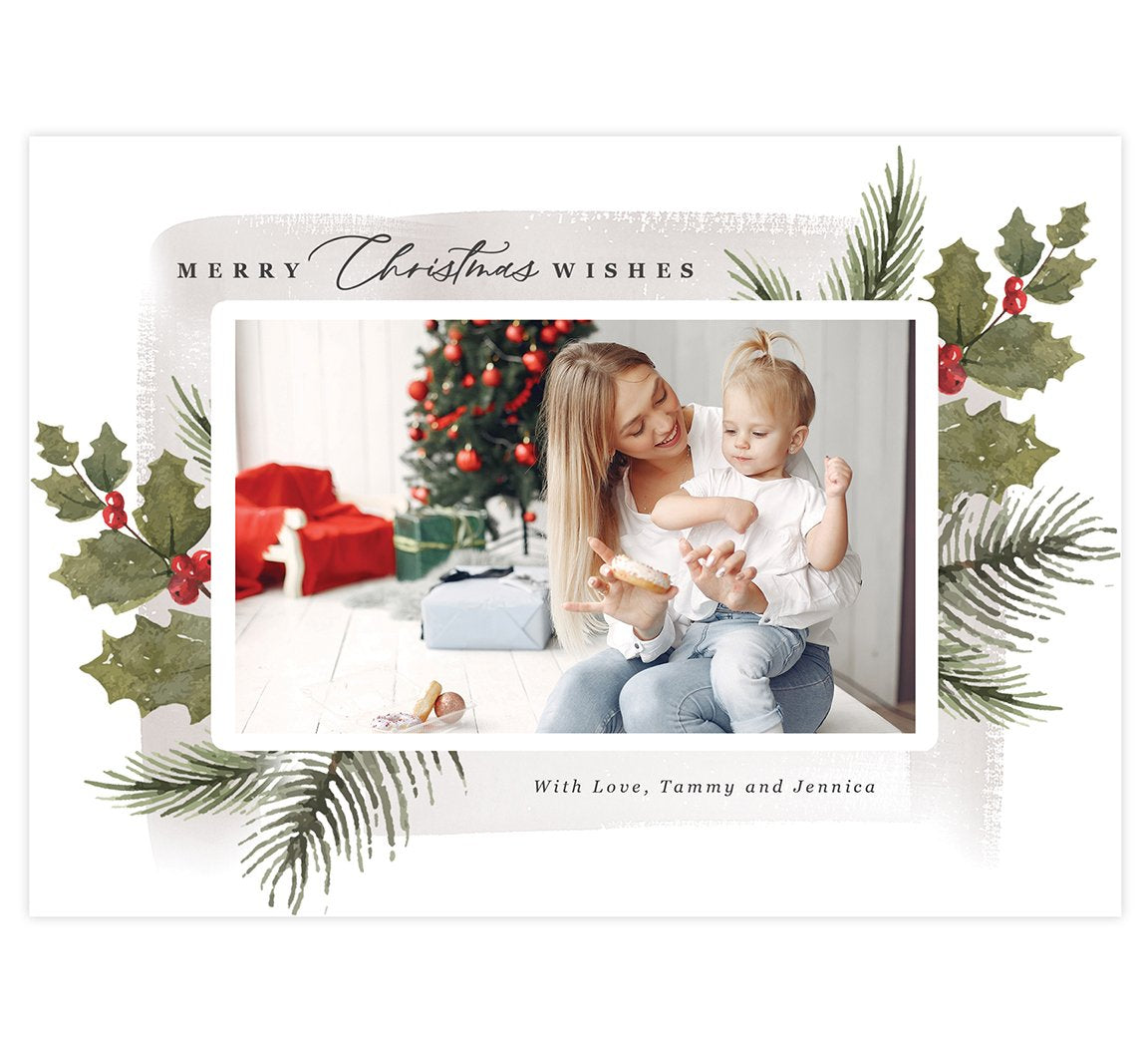 Holly Berry Holiday Card; 1 large image spots with watercolor background