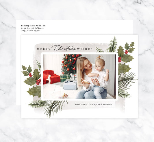 Holly Berry Holiday Card Mockup; Holiday card with envelope and return address printed on it. 