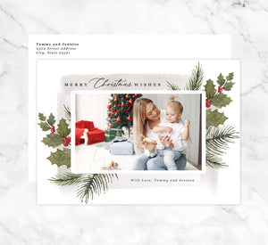 Holly Berry Holiday Card Mockup; Holiday card with envelope and return address printed on it. 